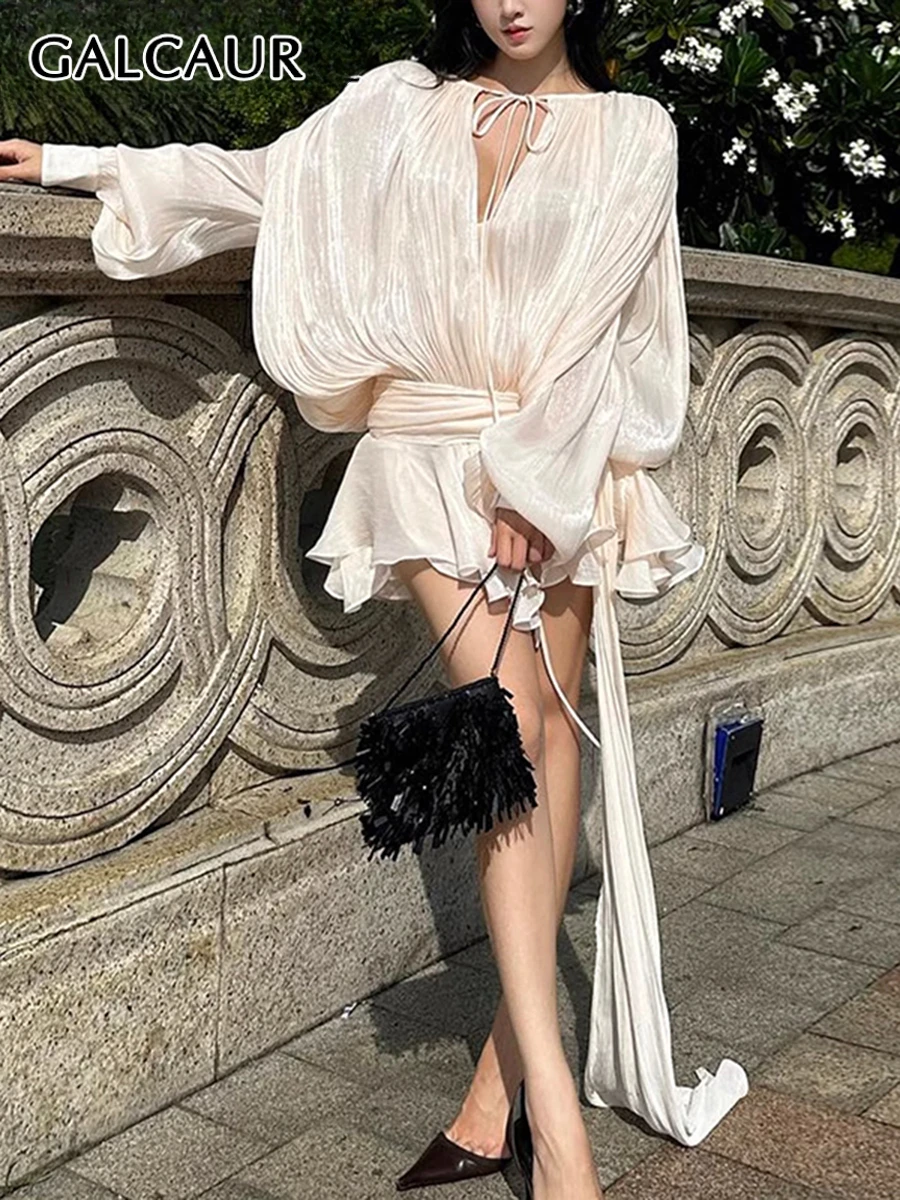 GALCAUR 솔리드 루즈 Splicd 레이스 업 드레스 여성용 V 넥 긴 소매 패치 워크 프릴 튜닉 드레스 여성 Fashio New title=GALCAUR 솔리드 루즈 Splicd 레이스 업 드레스 여성용 V 넥 긴 소매 패치 워크 프릴 튜닉 드레스 여성 Fashio New