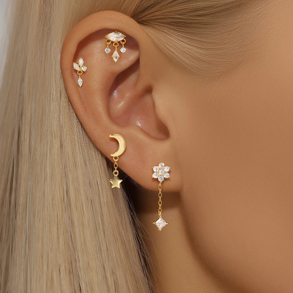 CANNER 1Pc 925 실버 부드러운 별 문 스터드 귀걸이 여성을위한 18K 골드 플랫 헤드 스레드 펑크 귀 뼈 Ins 파인 쥬얼리