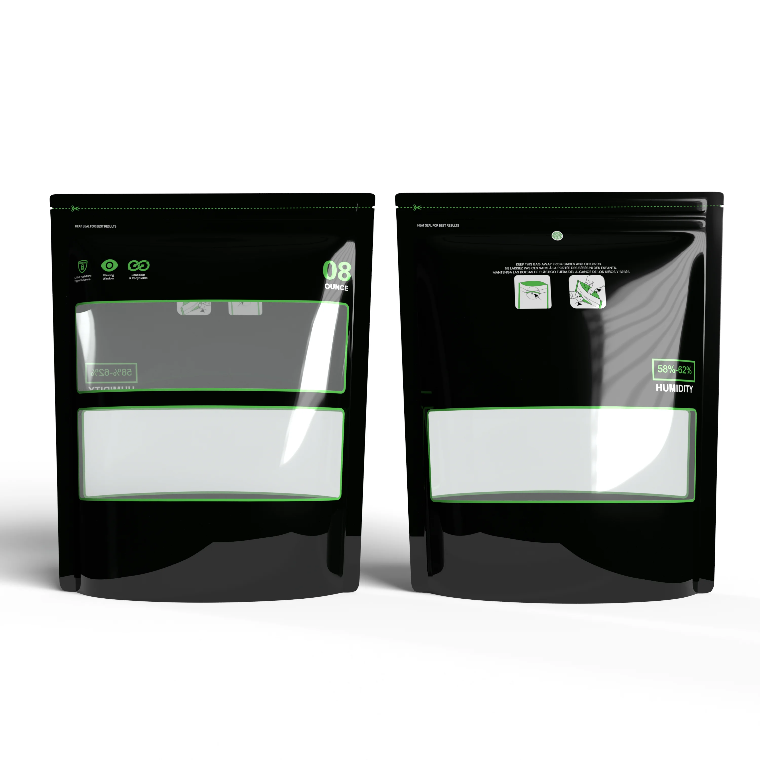 1/8온스~1파운드 잠금 및 밀봉 보관 및 경화 백 58%-62% RH 테르프 재배 파우치 열 밀봉 가능 어린이 방지