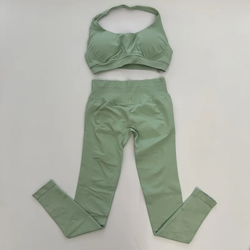 여성용 노로고 요가 레깅스 세트, 심리스 요가 세트, 스크런치 엉덩이 레깅스 세트, 홀터 크롭탑 포함 운동복