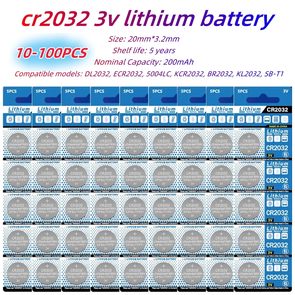 10-100PCS 200mAh CR2032 DL2032 ECR2032 3V 리튬 배터리 시계 장난감 계산기 자동차 키 원격 제어 버튼 코인 셀 title=10-100PCS 200mAh CR2032 DL2032 ECR2032 3V 리튬 배터리 시계 장난감 계산기 자동차 키 원격 제어 버튼 코인 셀 