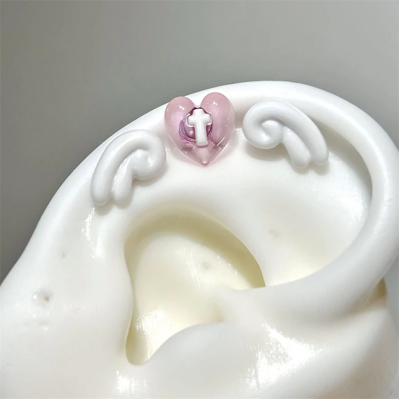 달콤한 천사의 날개 스테인레스 스틸 귀 뼈 손톱 여성을위한 귀여운 아크릴 러브 하트 크로스 귀걸이 바디 펑크 액세서리