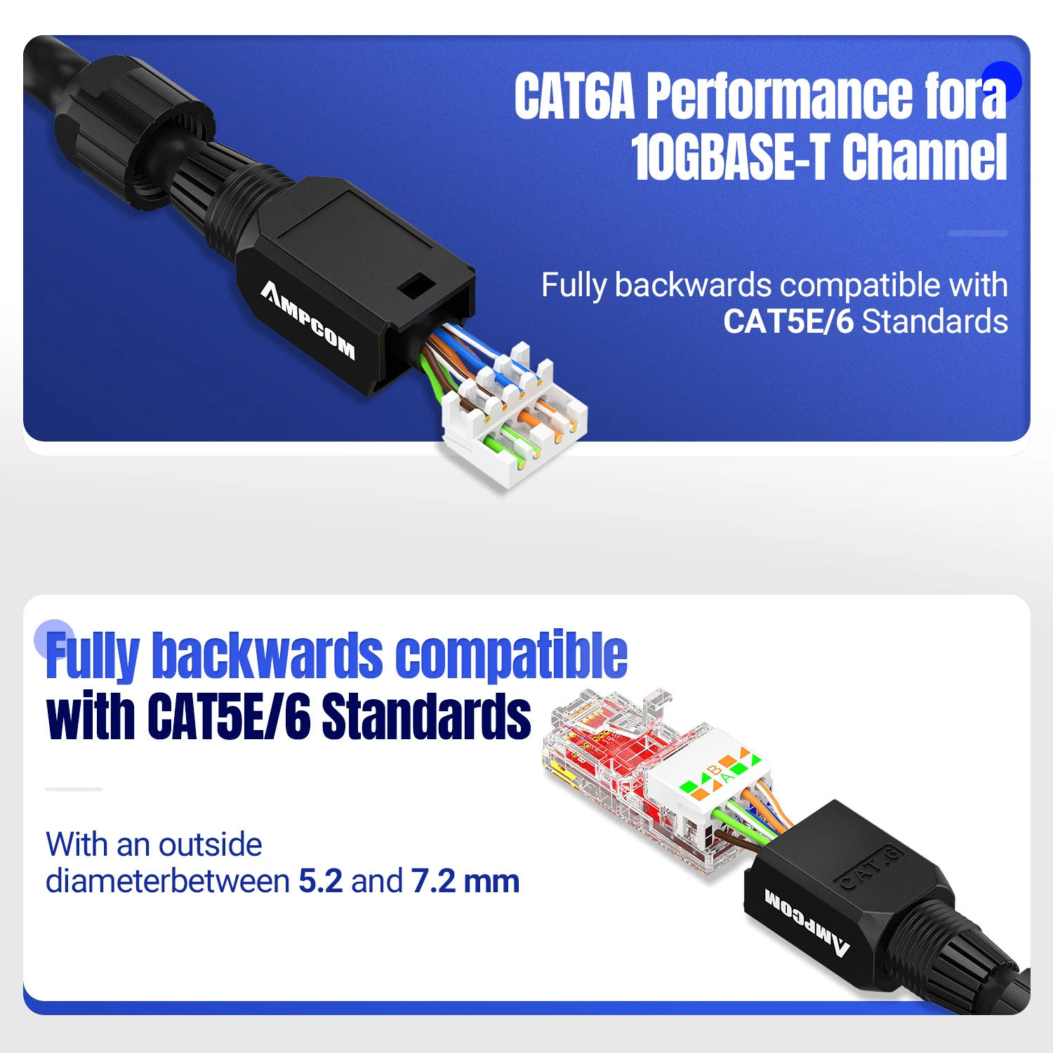 AMPCOM 도구 무료 RJ45 커넥터, 압착 도구 없음 연선 솔리드 Lan 이더넷 케이블용 UTP 1000Mbps CAT6/CAT6A 모듈형 플러그