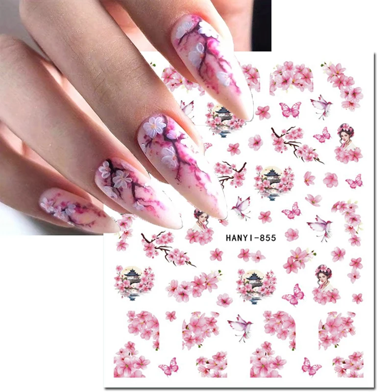 3d 네일 아트 데칼 빈티지 장미 체리 보섬 꽃 나비 전체 팁 스티커 손톱 아트 매니큐어 팁 장식