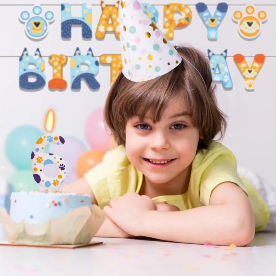 파란색 개 발 테마 생일 촛불, 번호 2 발 인쇄 생일 파티 용품, 2.76 인치 발 케이크 토퍼 장식