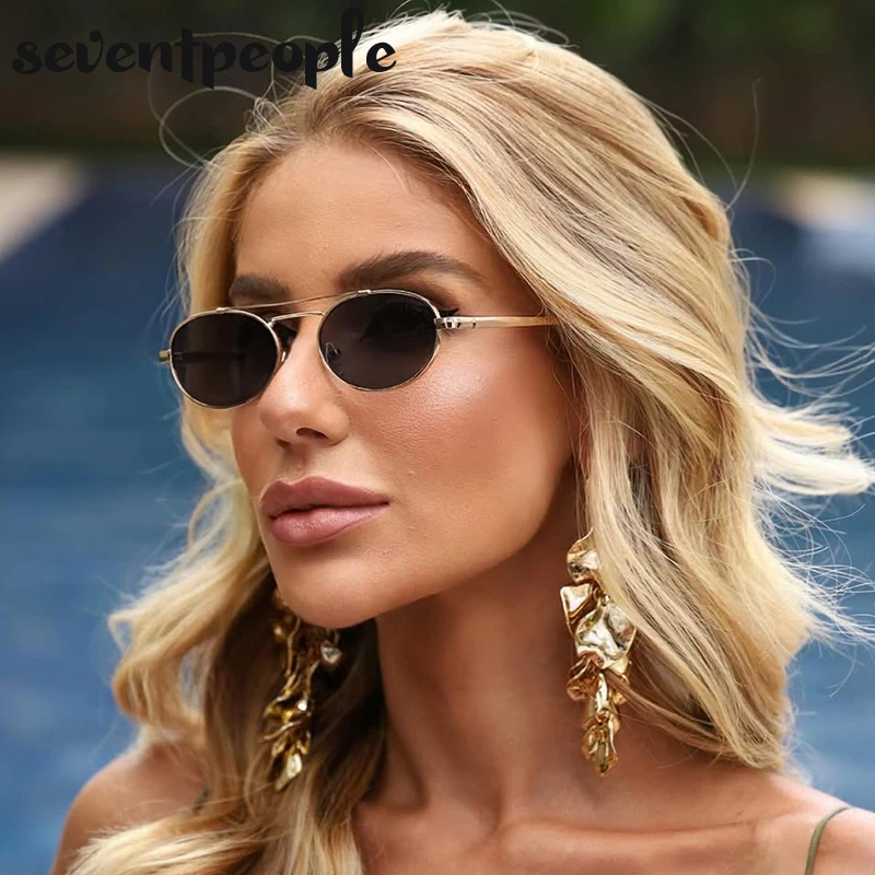 여성용 작은 타원형 금속 프레임 스팀펑크 선글라스, 2025 럭셔리 브랜드, 빈티지 더블 빔 쉐이드, 클래식 라운드 펑크 아이웨어