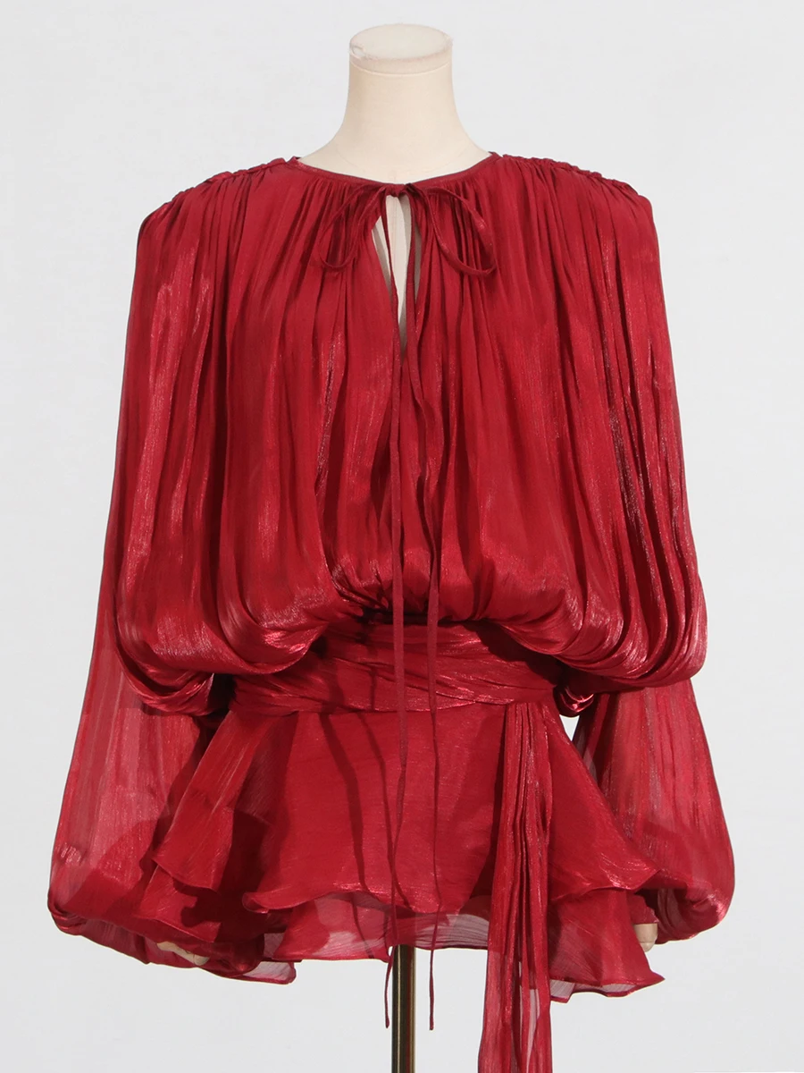 GALCAUR 솔리드 루즈 Splicd 레이스 업 드레스 여성용 V 넥 긴 소매 패치 워크 프릴 튜닉 드레스 여성 Fashio New