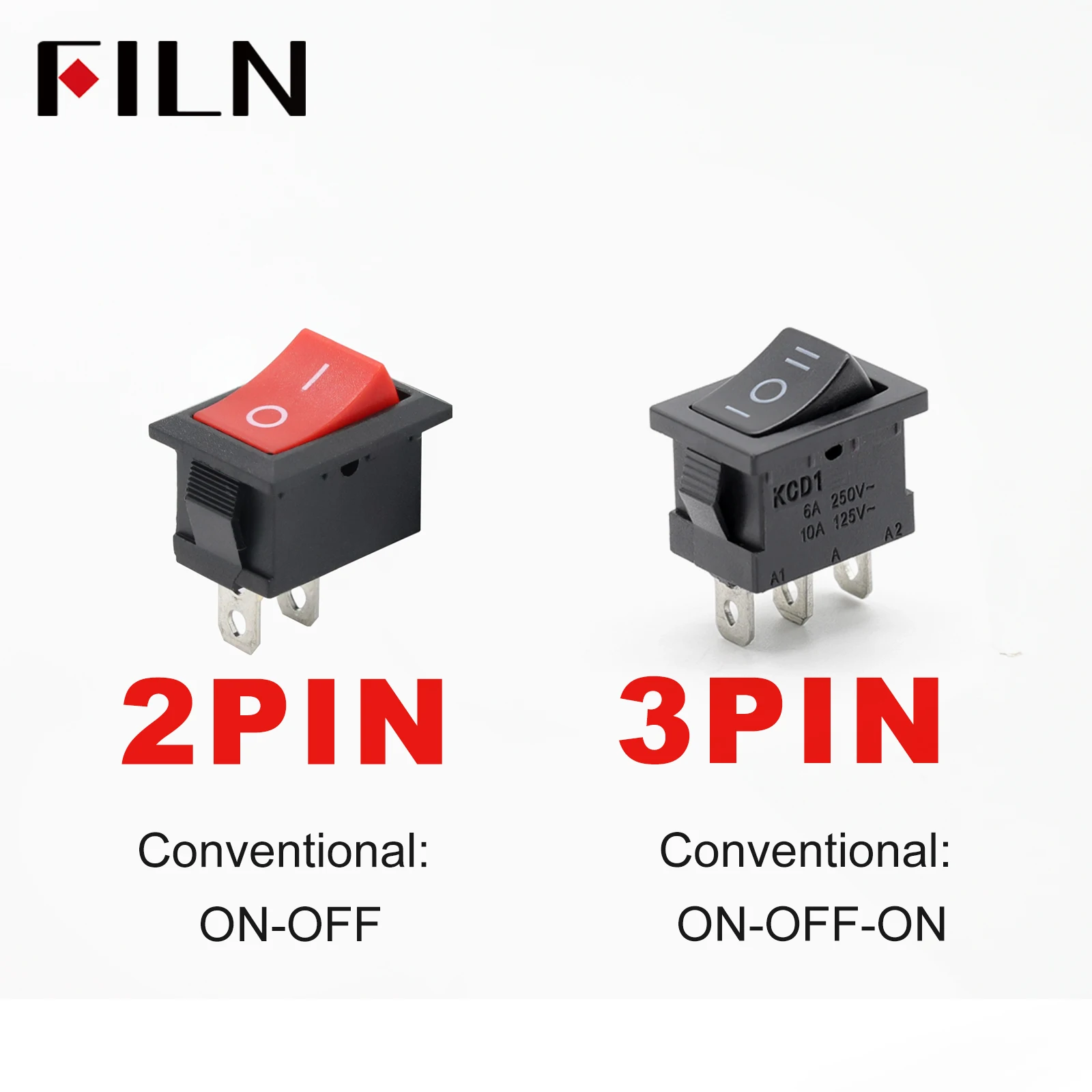 FILN KCD1-101 MRS-101 2핀 온오프 미니 로커 스위치 21x15mm 6A 250VAC 10A 125VAC 스냅인 간편 설치