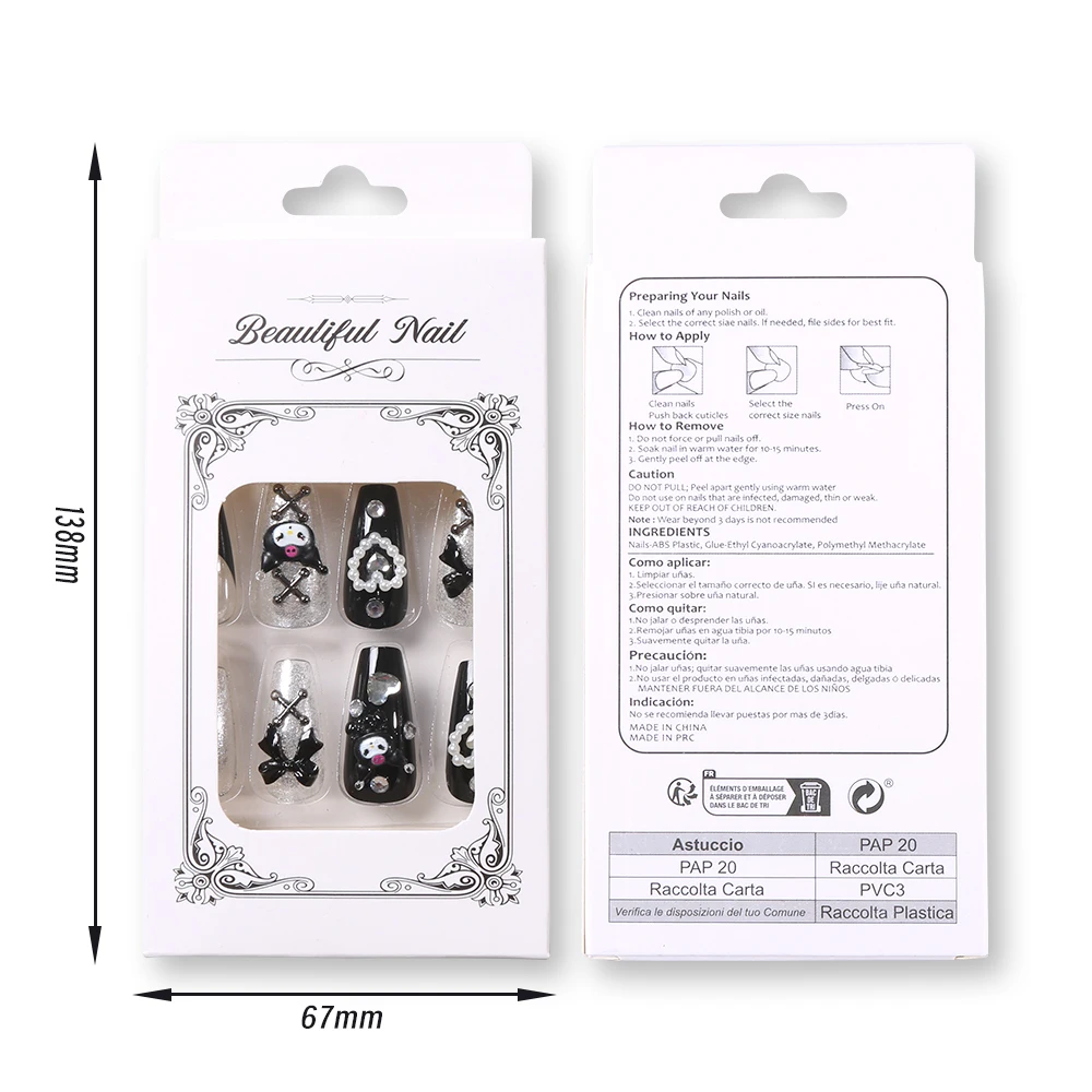 24Pcs 손톱에 3D kuromi 프레스 Y2K 만화 수제 가짜 손톱 블랙 젤 네일 웨어러블 손톱 Cinnamoroll Melody Anime False Nail