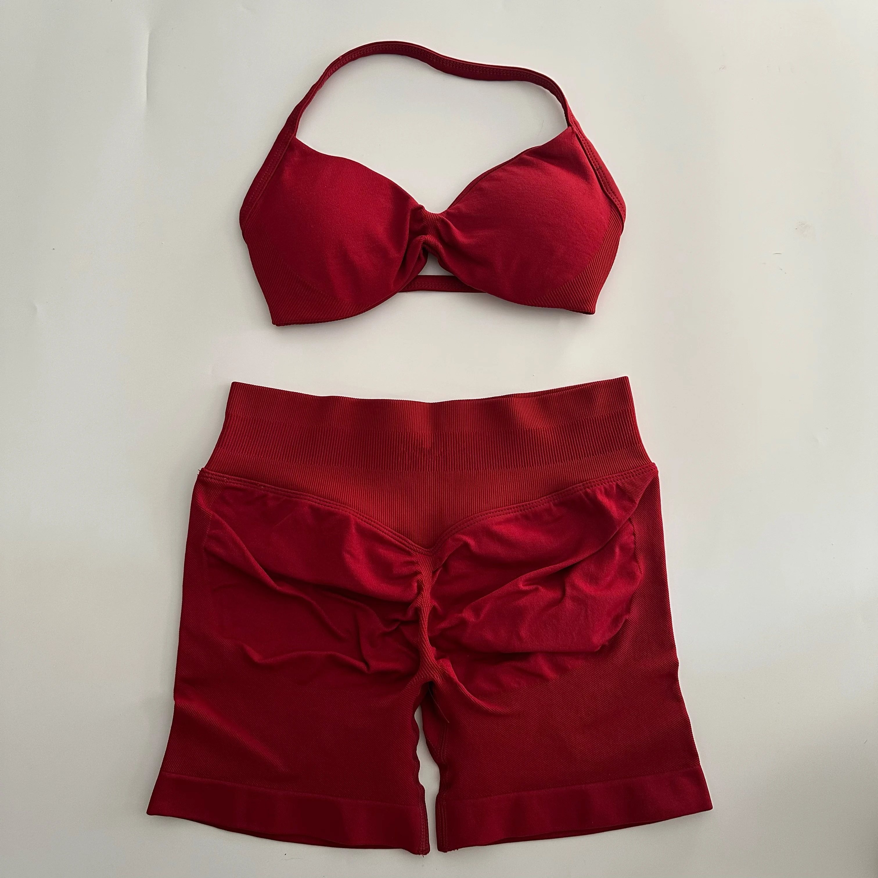 노로고 요가 짐 세트 여성 심리스 스트랩 요가 브라탑 하이웨이스트 운동 스크런치 반바지 스포츠 세트 피트니스 의류 스포츠웨어