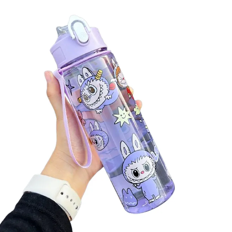 700ml Lau Mug Kawaii (휴대용 스트랩이있는 누출 방지 플라스틱 빨대) 휴대용 야외 머그잔 학생을위한 어린이 날 선물