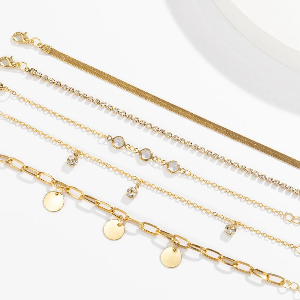 Boho 플랫 뱀 뼈 체인 라인 석 스팽글 펜던트 팔찌 세트 레이디 기하학 패션 팔찌 조합 소녀 쥬얼리