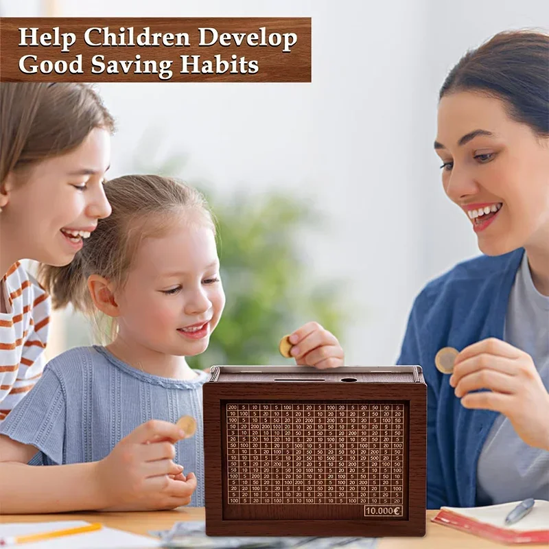 1000/2000/3000/5000/10000 유로 돈 상자 나무 돼지 저금통 돈 금고 저축 상자 도전 현금 보관 케이스