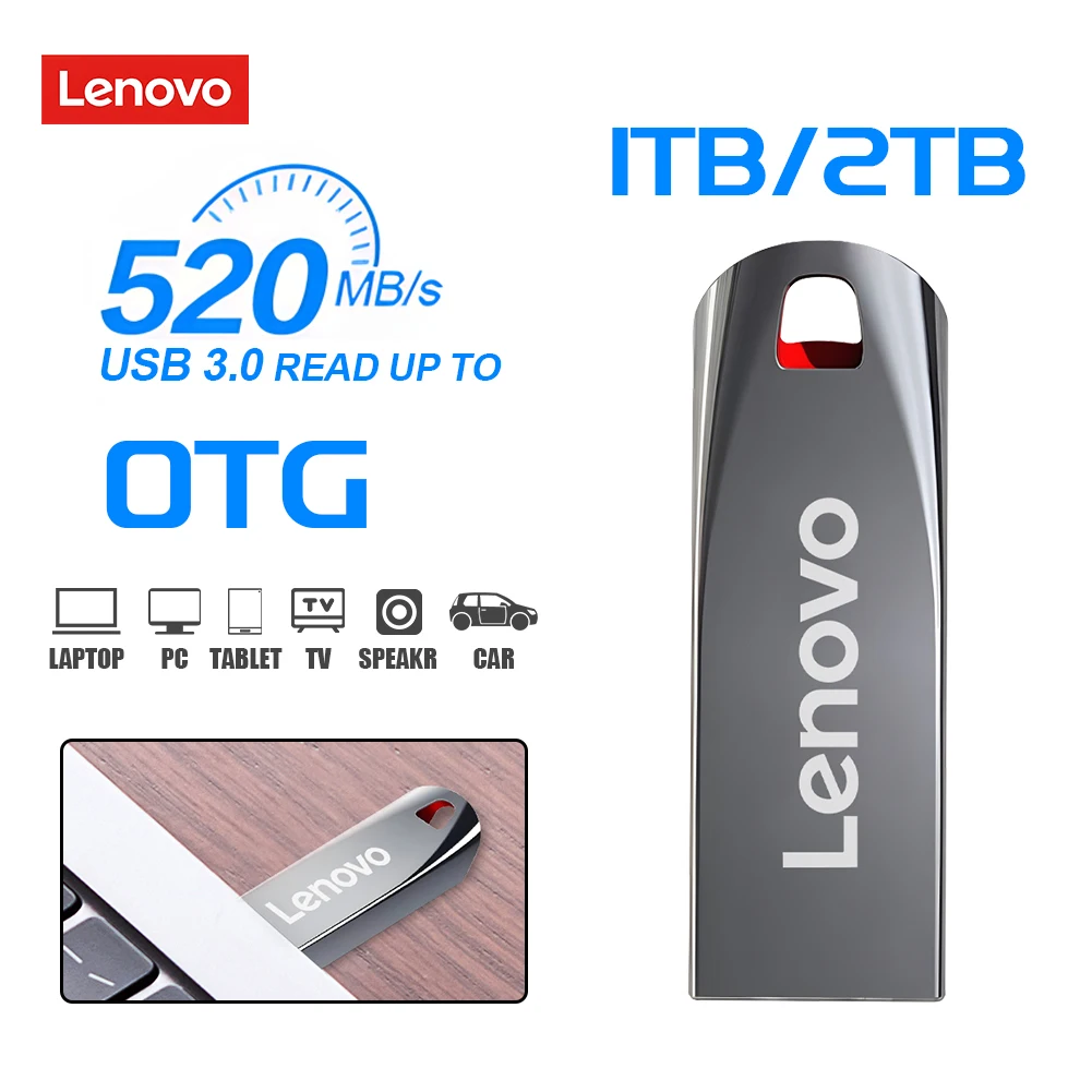 레노버 고속 금속 3.0 플래시 드라이브, 휴대용 USB 드라이브, 2TB, 1TB, 512GB, 256GB