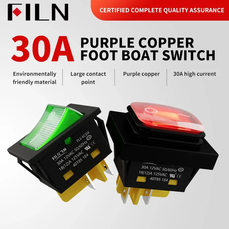 헤비 듀티 4 핀 DPST IP67 밀폐 방수 T85 자동 보트 해양 토글 로커 스위치, LED 포함, 30A, 250V, 12V, 220V, 30x22