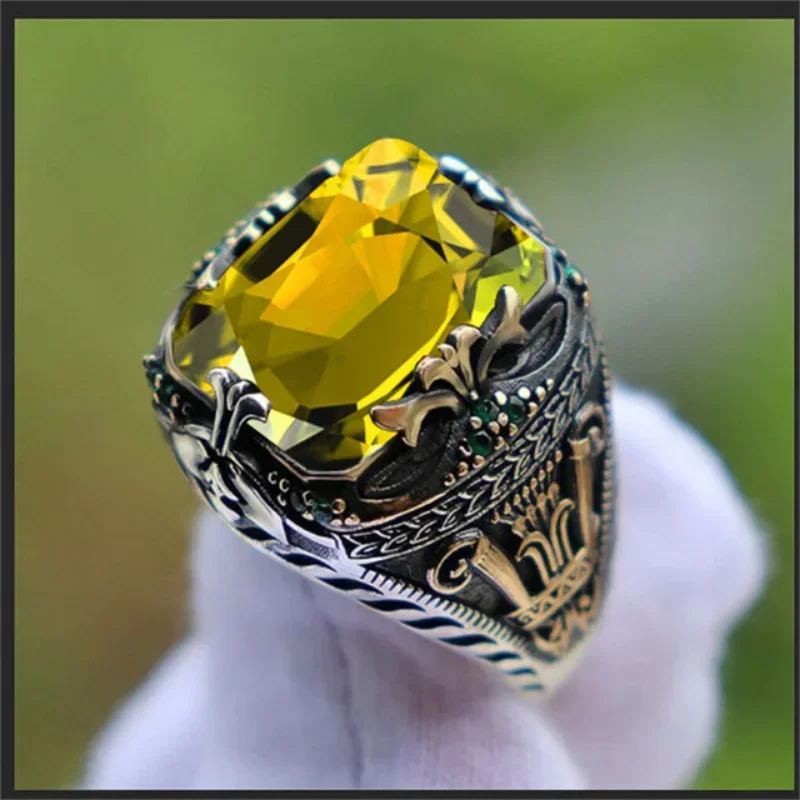 남자를위한 레트로 수제 터키 인장 반지 고대 실버 컬러 새겨진 반지 신비한 지르콘 상감 새로운 펑크 모터 바이커 반지
