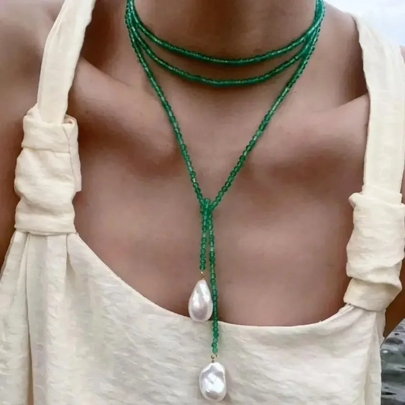 여성을위한 레트로 외계인 불규칙한 바로크 진주 펜던트 목걸이 빈티지 그린 블랙 크리스탈 구슬 긴 목걸이 목 체인 쥬얼리