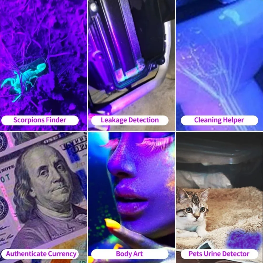 USB 충전식 365nm UV 손전등 알루미늄 휴대용 자외선 토치 블랙 라이트 애완 동물 소변 감지기 블랙 손전등