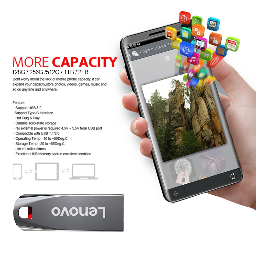 레노버 고속 금속 3.0 플래시 드라이브, 휴대용 USB 드라이브, 2TB, 1TB, 512GB, 256GB