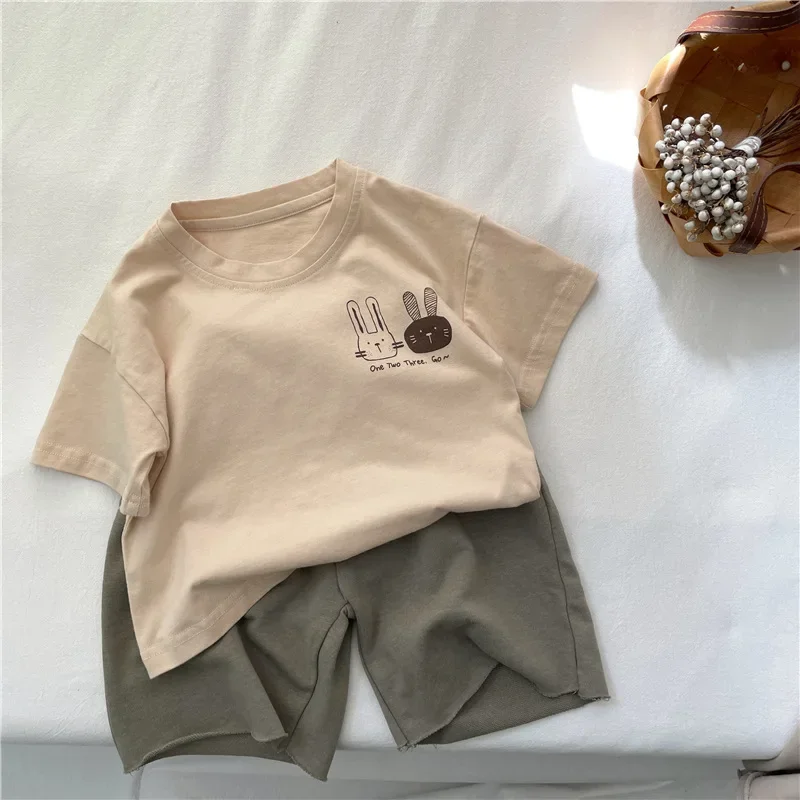 어린이 반팔 티셔츠, 순면 2-7Y 만화 토끼 티셔츠, 소년 소녀 루즈 캐주얼 탑, 2025 여름 신상