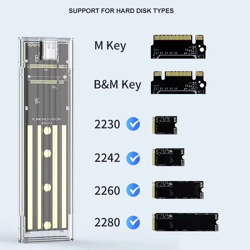 M.2 NVME PCIe NGFF SATA 듀얼 프로토콜 SSD 케이스 투명 USB 유형 C 10Gbps PCI-E M2 SSD 투명 외부 인클로저 하드 디스크 박스
