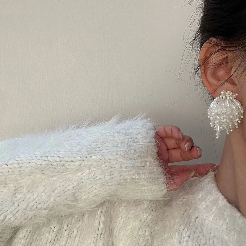 진주 크리스털 프린지 꽃 귀걸이, 한국 패션, 달콤하고 우아한 개성 스터드 귀걸이, Ms 주얼리