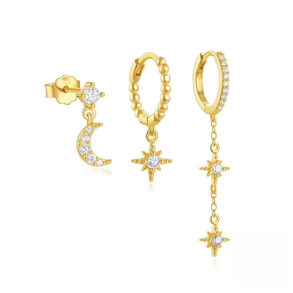 여성을위한 새로운 디자인 스테인레스 스틸 큐빅 지르코니아 체인 후프 귀걸이 스타 문 펜던트 연골 귀걸이 피어싱 쥬얼리