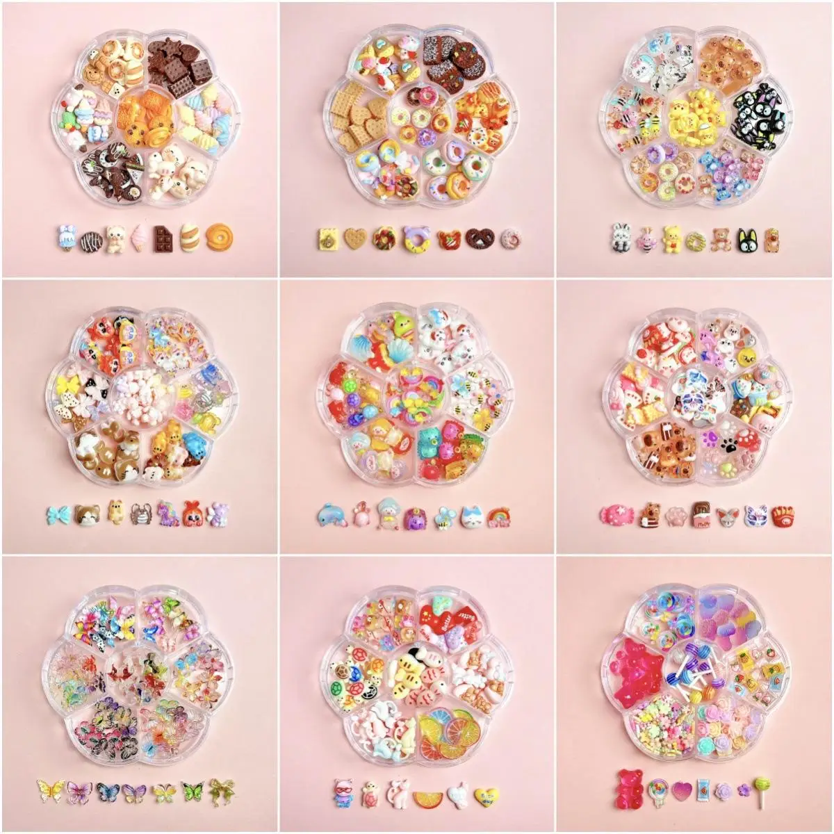 1 상자 혼합 귀여운 시뮬레이션 디저트 캔디 나비 네일 아트 장식 3D 수지 만화 고양이 물고기 곰 네일 참 용품