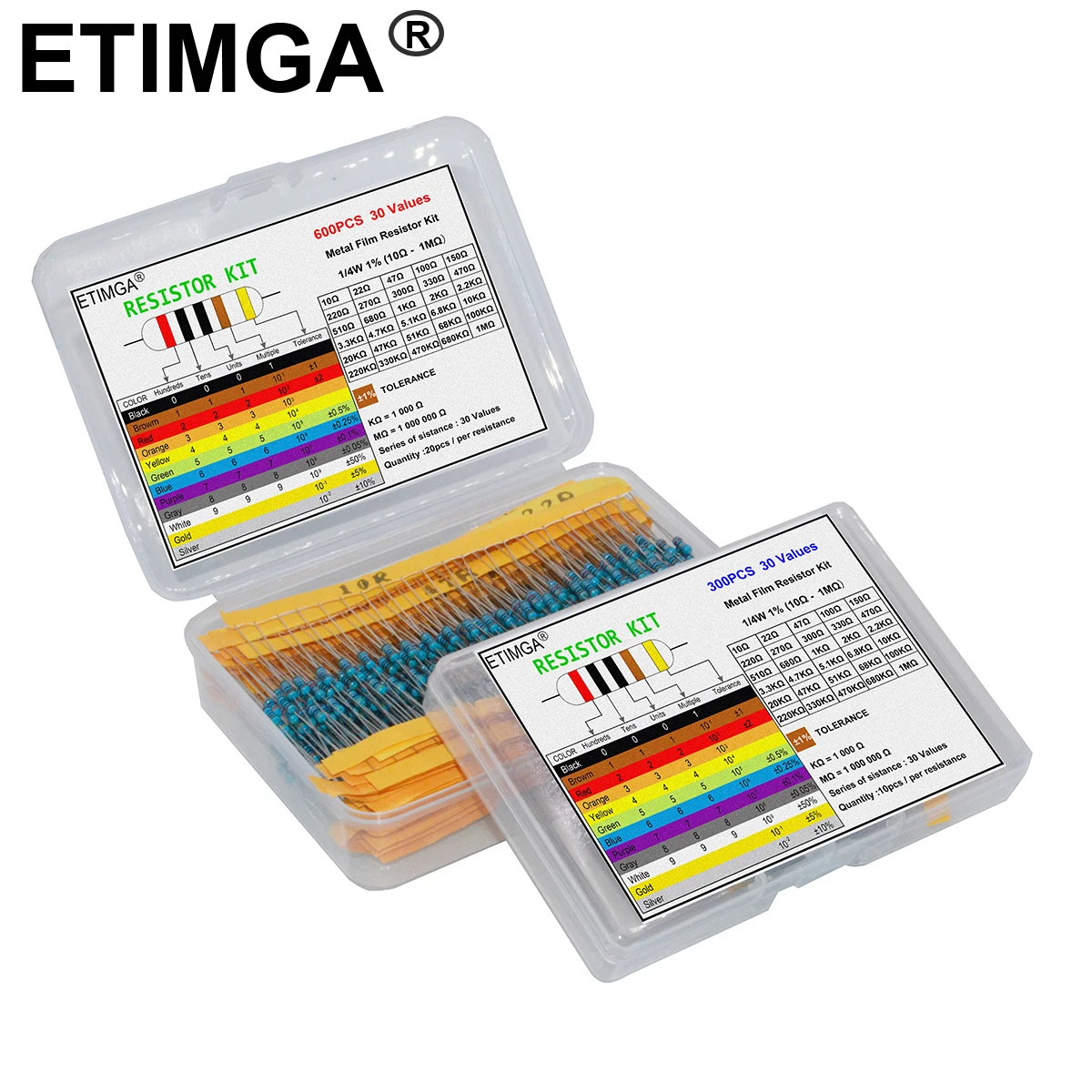 600/300PCS 1/4w 금속 필름 저항기 30 값 저항 키트 10R-1M 150R 680K 0.25W 1% 저항기 세트