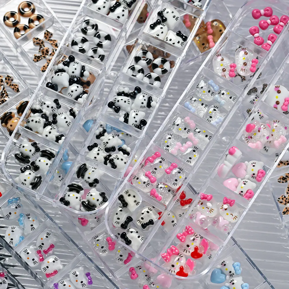 12 그리드 여름 검은 피부 헬로 키티 네일 매력 3D 핑크 리본 헬로 키티 네일 아트 라인 석 귀여운 만화 DIY 네일 액세서리