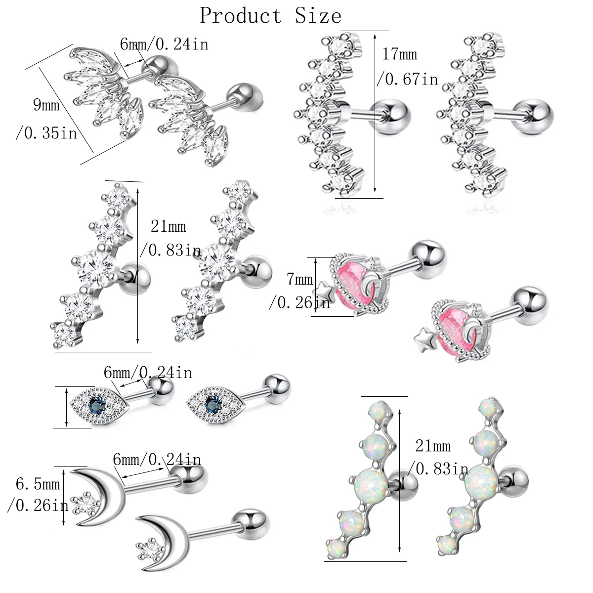 2pcs 저자 극성 스테인레스 스틸 연골 스터드 귀걸이, 눈 불꽃 문 바벨 백 스터드 큐빅 지르코니아 피어싱 쥬얼리