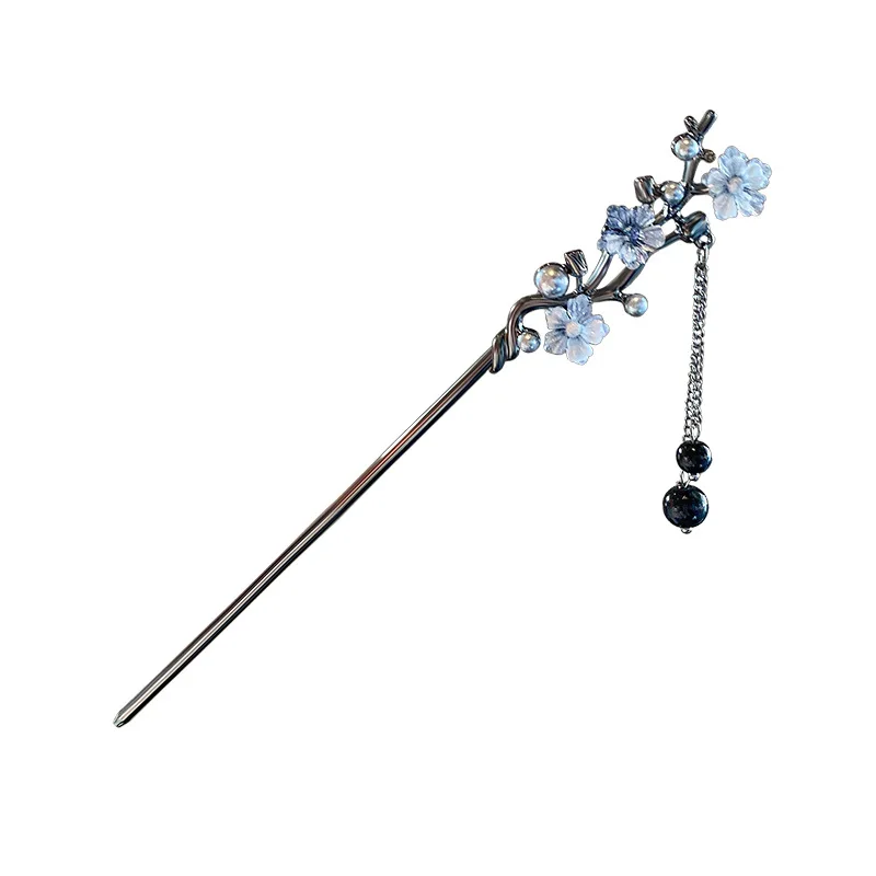 여성용 모던 비녀 잉크 꽃 금속 술 머리핀 포크, 검은 구슬 프린지 헤어 걸쇠, 중국 한푸 헤어 쥬얼리, 신제품