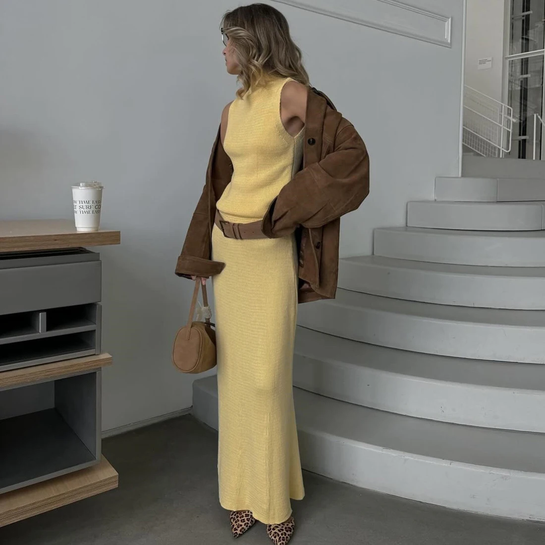 Tuularose 우아한 롱 스커트 투피스 세트 여성 민소매 니트 터틀넥 조끼 슬림 스커트 세트 2025 새로운 패션 스커트 세트