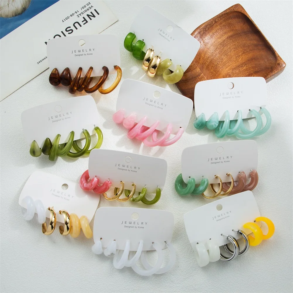 트렌디 한 아크릴 기하학 후프 귀걸이 여성을위한 설정 빈티지 보헤미아 다채로운 아크릴 C 자형 귀걸이 패션 쥬얼리 선물