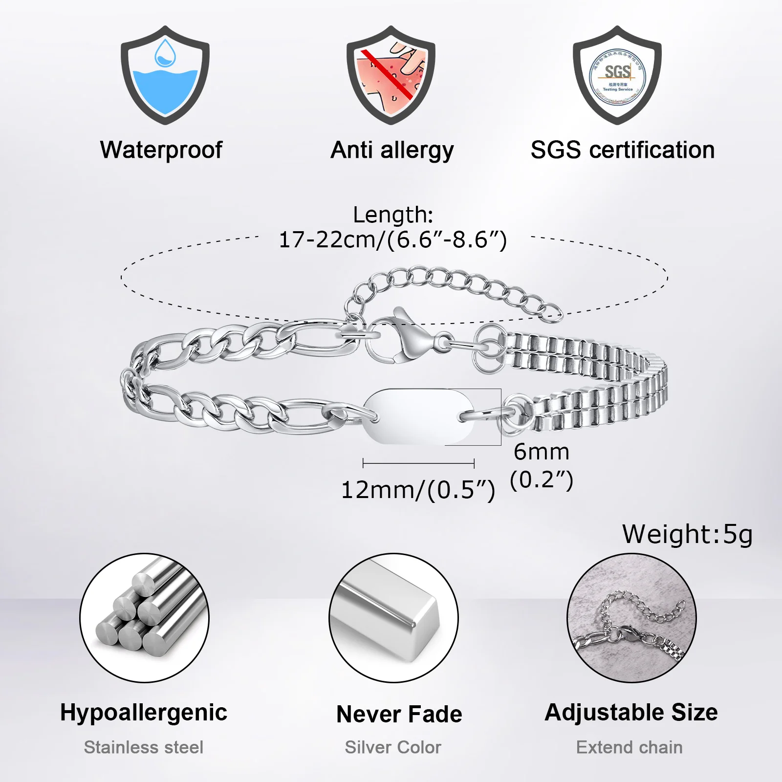 Vnox 남녀공용 A-Z 이니셜 팔찌, 피가로 체인, 이중 레이어 박스 링크 체인 팔찌, 그분의 이름 선물