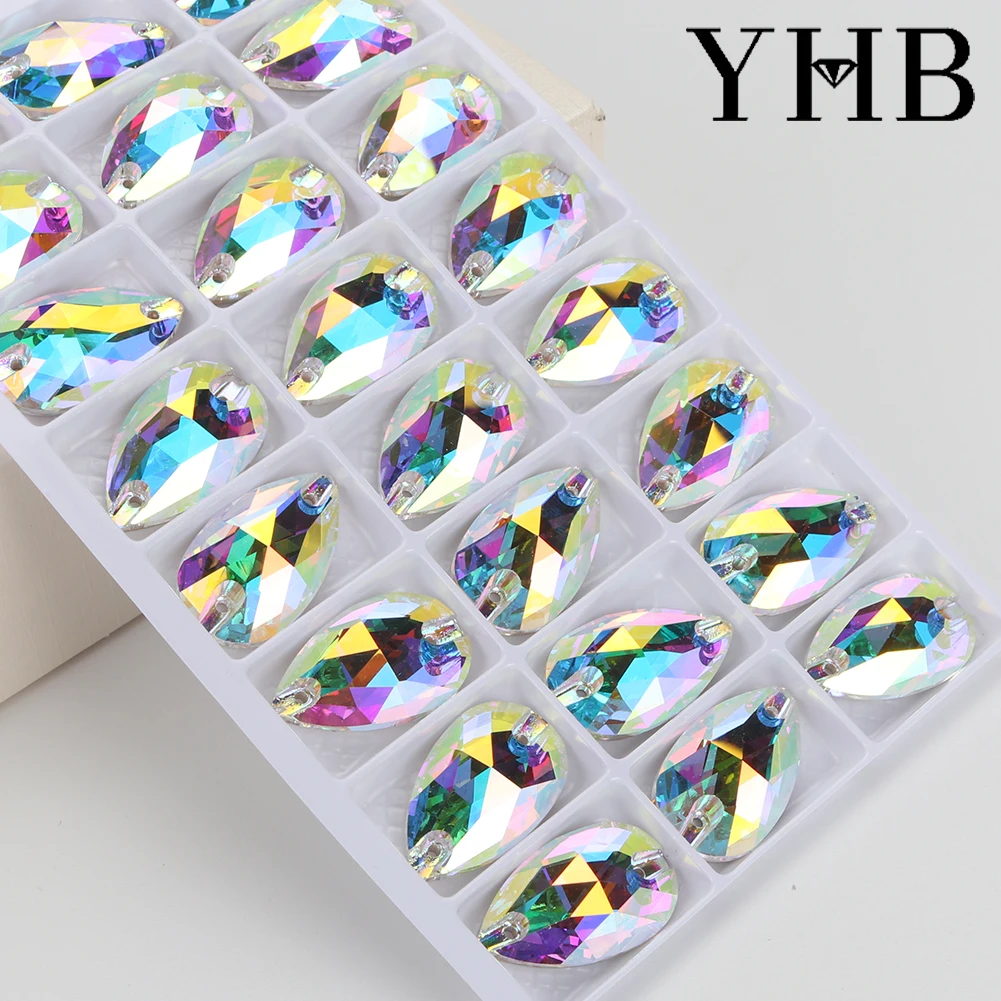 YHB 최고 품질 드롭 유리 크리스탈 AB 달빛 바느질 돌 플랫 백 의류 의류 가방에 대한 라인 석에 바느질