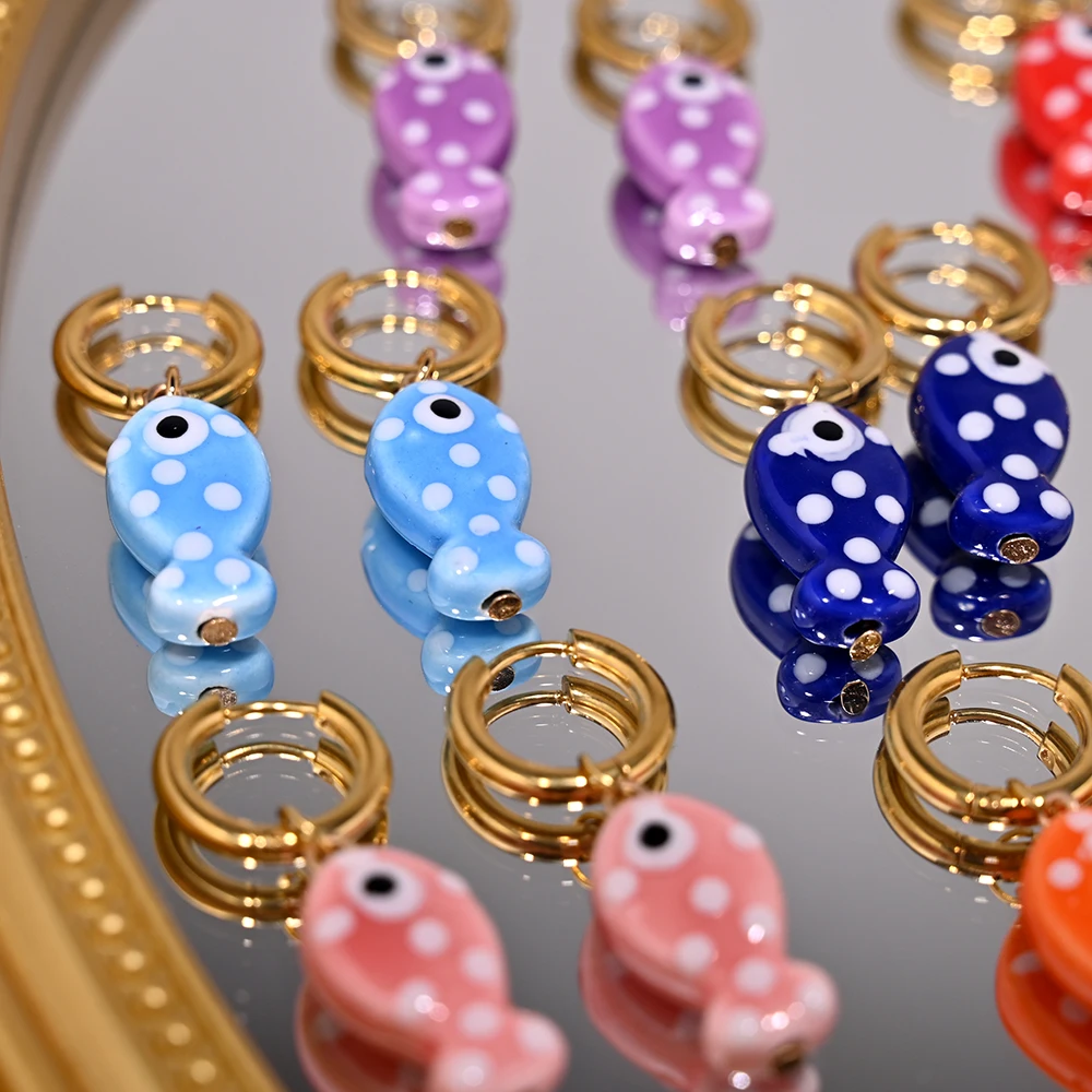 여성용 세라믹 물고기 펜던트, 황금 스테인레스 스틸 후프 귀걸이, 이어 버클 쥬얼리 액세서리, 패션