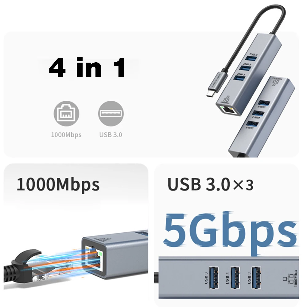 USB C 허브 도킹 스테이션 유형 C-RJ45 1000Mbps 이더넷 어댑터 USB3.0 허브 기가비트 네트워크 카드 100W 충전 도크 확장