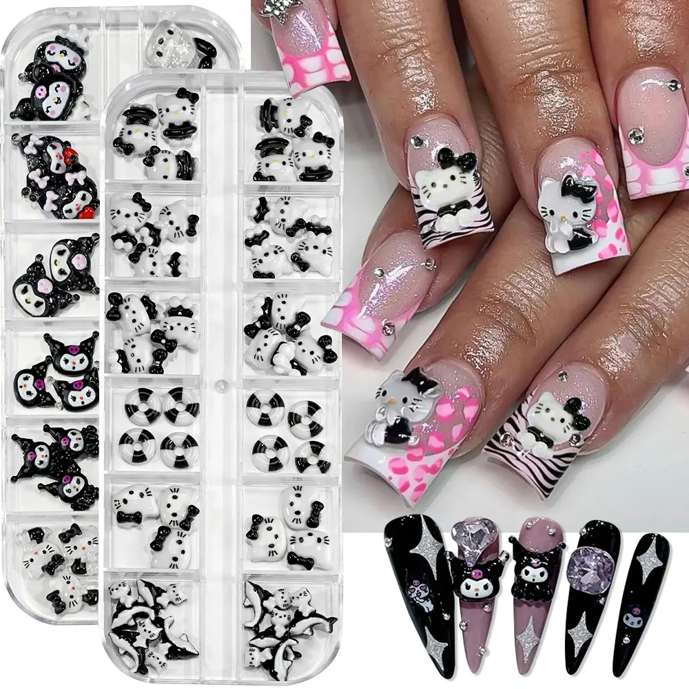 12 그리드 여름 검은 피부 헬로 키티 네일 매력 3D 핑크 리본 헬로 키티 네일 아트 라인 석 귀여운 만화 DIY 네일 액세서리