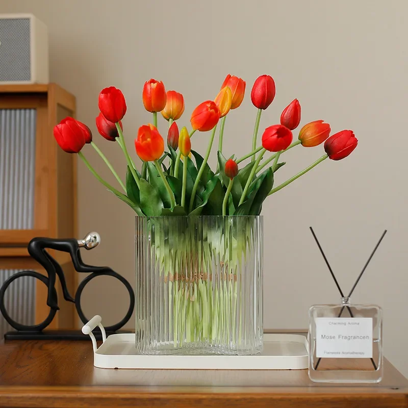5pcs 인공 꽃 부드러운 튤립 가짜 꽃 진짜 터치 홈 가든 테이블 웨딩 장식 시뮬레이션 5 머리 튤립 꽃다발