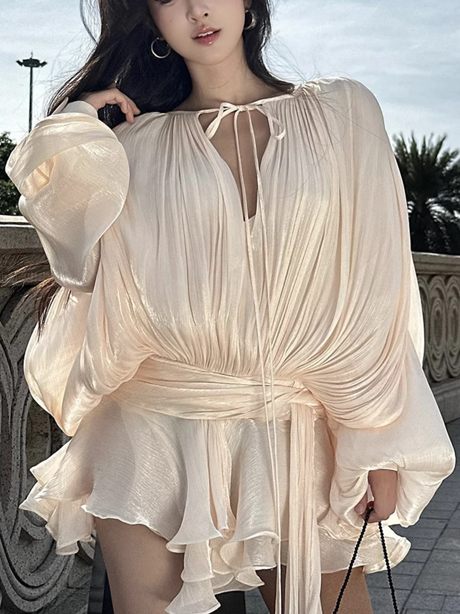 GALCAUR 솔리드 루즈 Splicd 레이스 업 드레스 여성용 V 넥 긴 소매 패치 워크 프릴 튜닉 드레스 여성 Fashio New