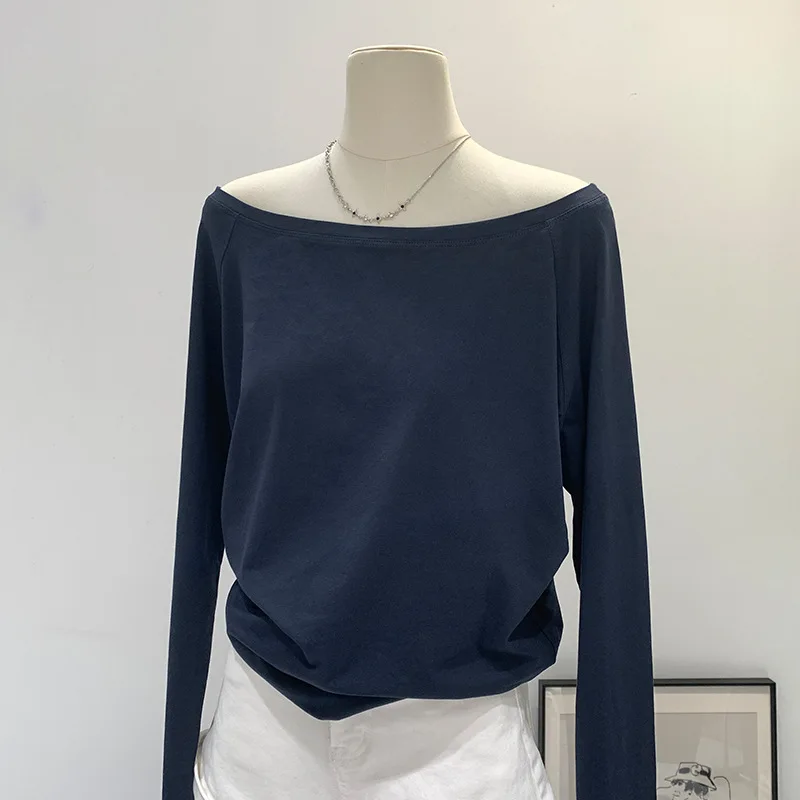 가을 겨울 원 숄더 코튼 긴 소매 경사 어깨 여성 의류 스타일 인테리어 와이드 트러플 숄더베이스 셔츠