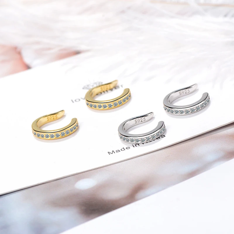 새로운 패션 파인 지르콘 925 스털링 실버 C 타입 클립 귀걸이 펑크 록 남여 라인 석 구멍 없음 귀 클립 귀걸이 쥬얼리