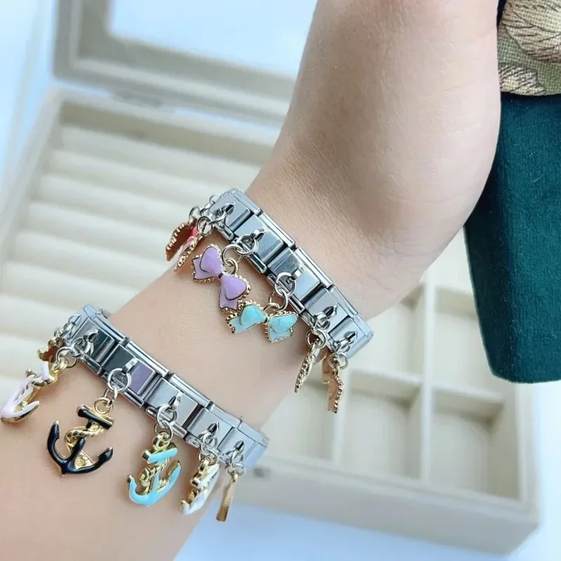 2025 신상 인기 보우 앵커 펜던트 탄성 참 이탈리안 링크 9mm 모듈형 팔찌 만들기 DIY 쥬얼리 대량