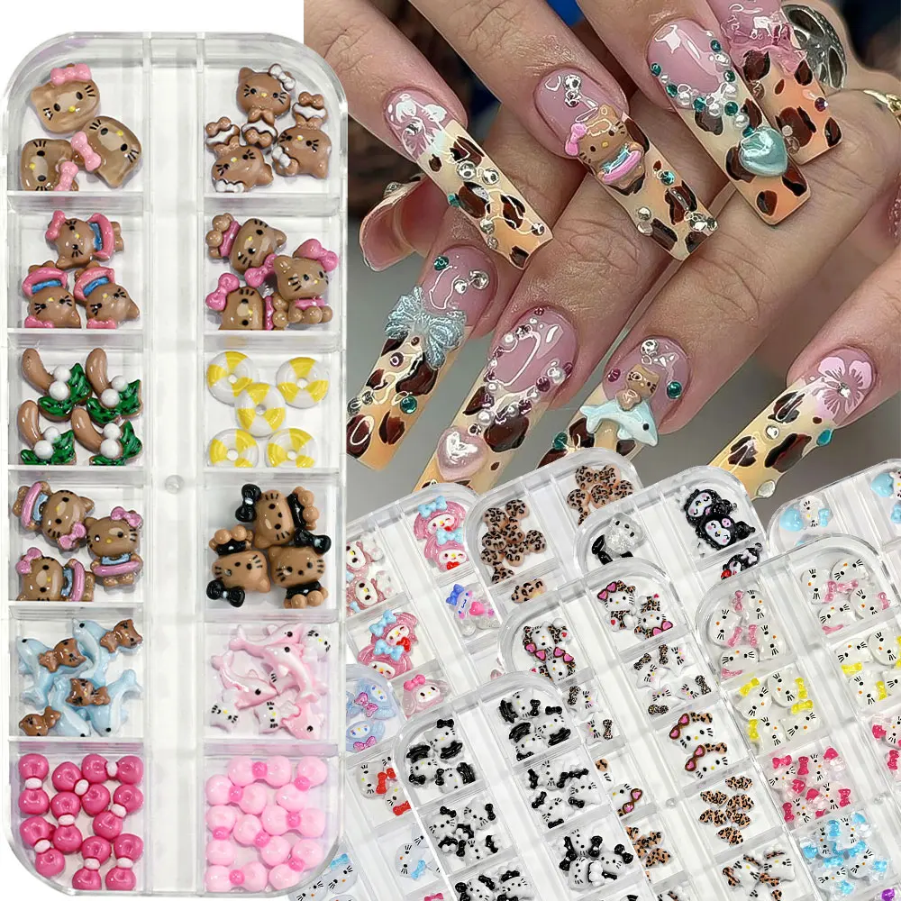 12 그리드 여름 검은 피부 헬로 키티 네일 매력 3D 핑크 리본 헬로 키티 네일 아트 라인 석 귀여운 만화 DIY 네일 액세서리