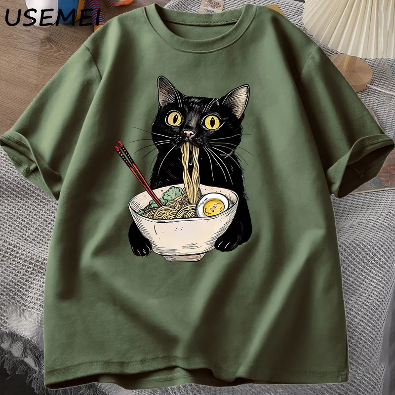 국수라면 고양이 티셔츠 Foodie Lover T 셔츠 검은 고양이 국수 티셔츠 레트로 캐주얼 반소매 Tshirt 남성 여성 의류