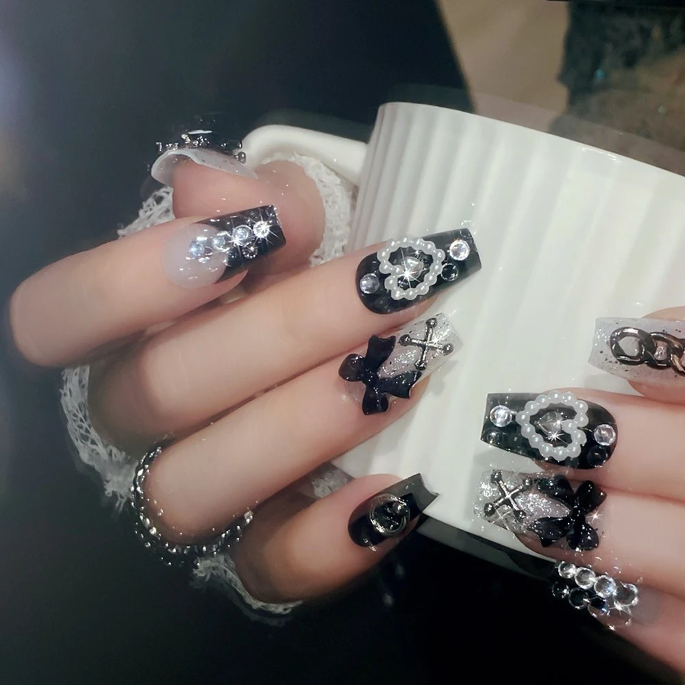 24Pcs 손톱에 3D kuromi 프레스 Y2K 만화 수제 가짜 손톱 블랙 젤 네일 웨어러블 손톱 Cinnamoroll Melody Anime False Nail