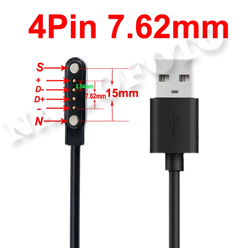 범용 2Pin 4mm 7.62mm 4Pin Dock 충전기 어댑터 자기 충전 케이블 스마트 시계 전원 와이어 용 USB 충전 라인 코드