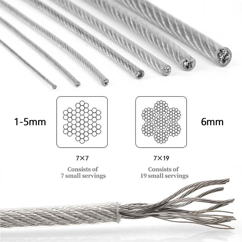 5M/10M/50M/100M 투명 색상 PVC 플라스틱 코팅 1.0-6mm 304 스테인레스 스틸 와이어 로프 케이블은 빨랫줄 등에 사용됩니다.