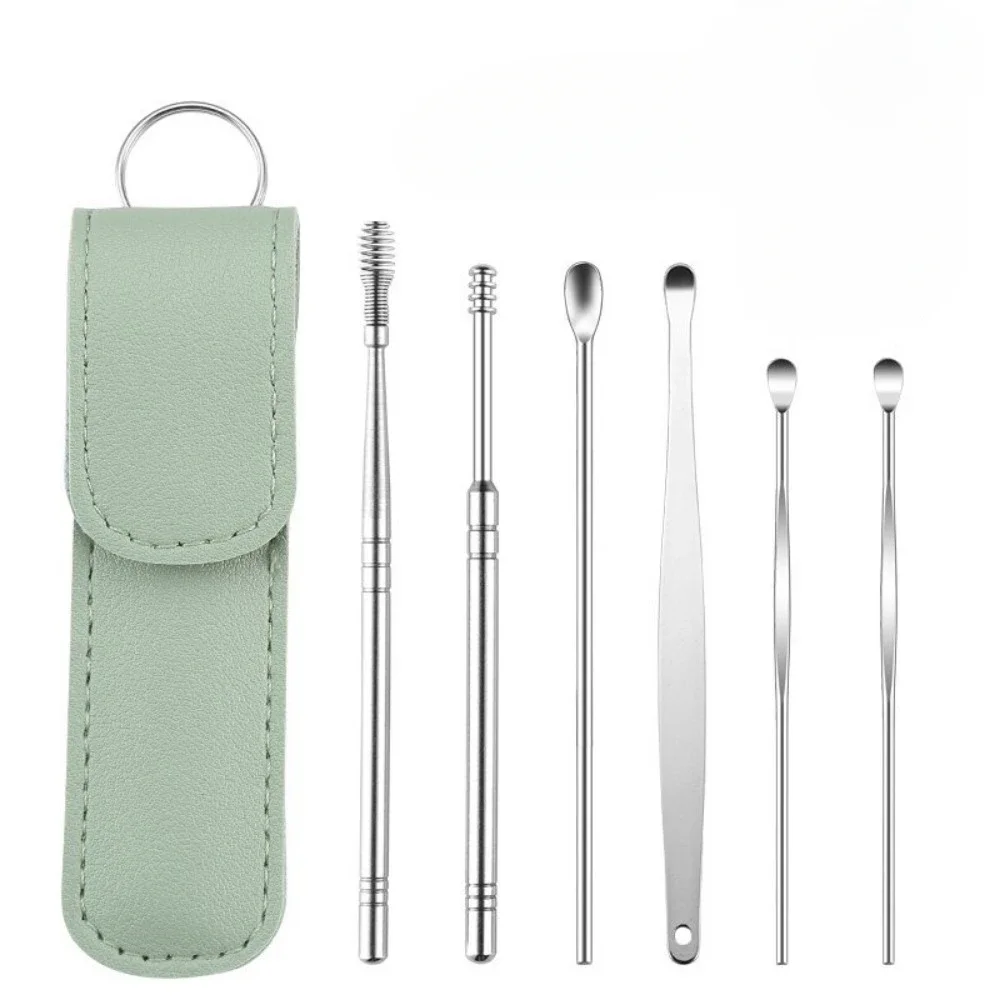 스테인레스 스틸 귀 파기 숟가락 가죽 커버 6pc 클리너 특종 양방향 나선형 청소 건강 관리 귀 따기 도구 세트